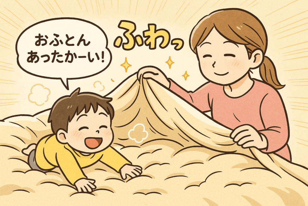 ふわふわな布団に喜んではいる子ども