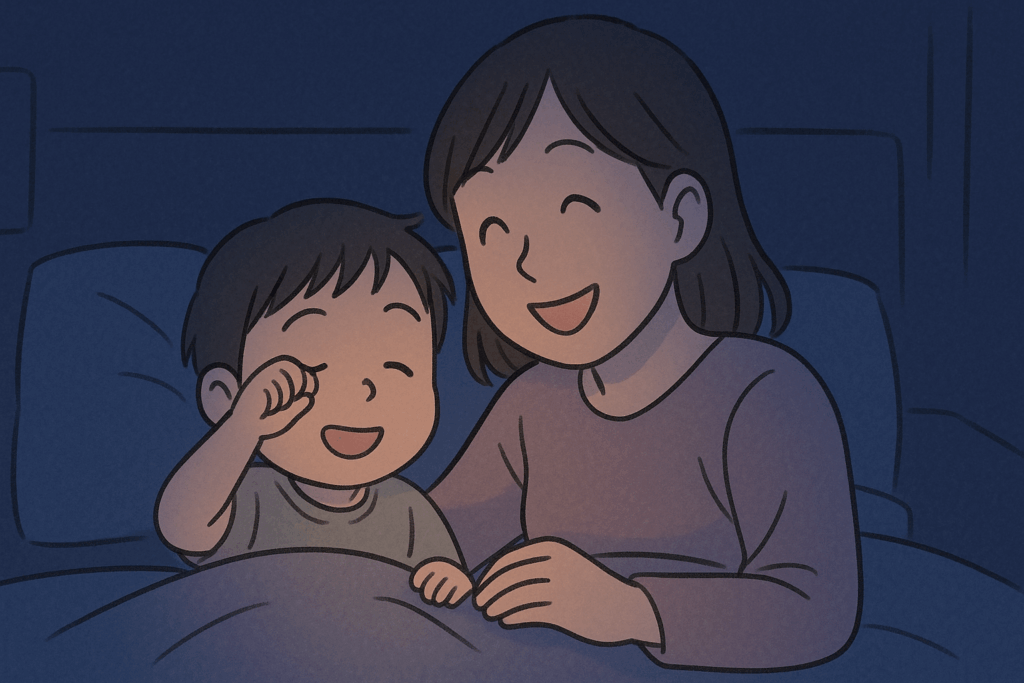 安心して眠りにつく子どもと見守るママ